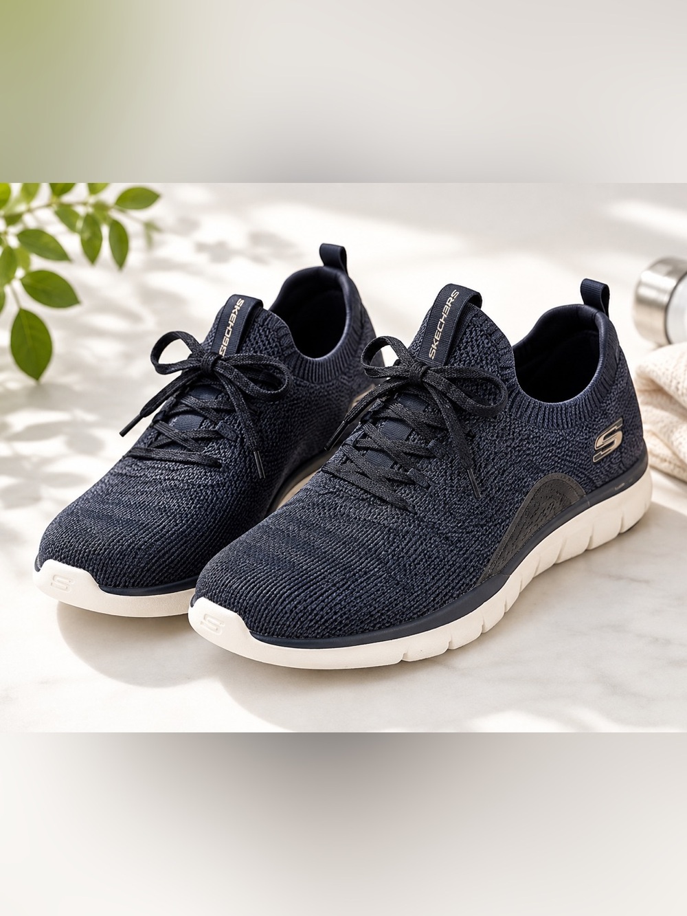 Skechers Navy Memory Foam Knit Sneakers Slip On Lace Up Women’s 7